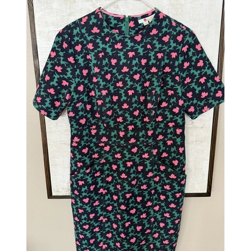 Boden Louise Textured Forest Bloom Midi‎ Sheath Dress Pockets Size 10 Green Pink - Picture 4 of 13